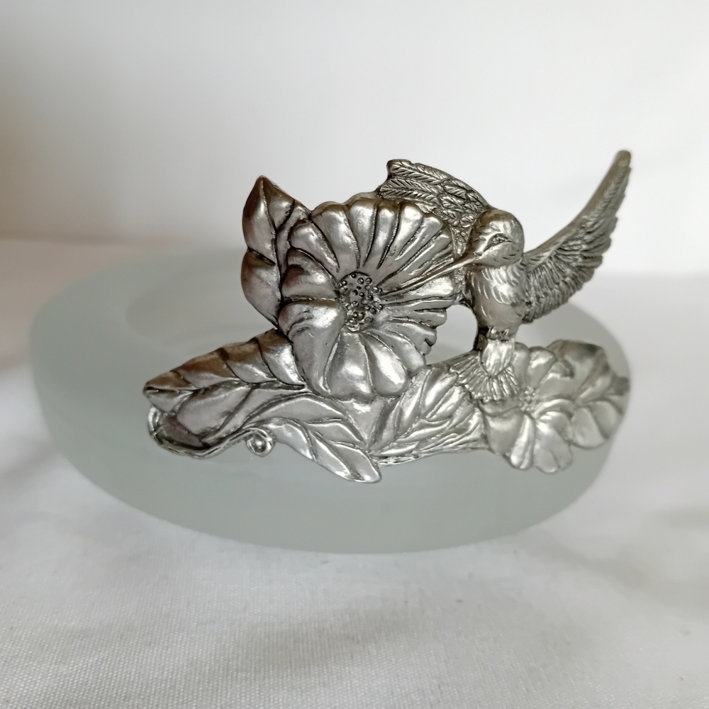 Vintage Seagull Pewter And Frosted Glass Candle Holder Wine Coaster Trinket Dish